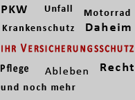 PKW,  Motorrad,  ihr Daheim, Unfall, Krankenschutz, Rechtschutz, Pflege und noch viel mehr ihre Versicherung online berechnen, von Haushalt, Fahrzeug KFZ bis zur Unfall